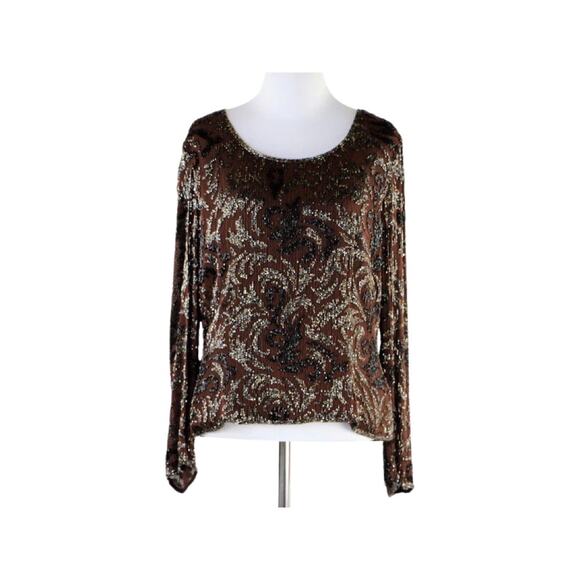 Frank Usher Sequin Top, Brown Black Beaded Silk Blouse Medium - Picture 2 of 7